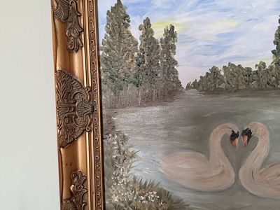 Original oil painting Two Swans in Love
