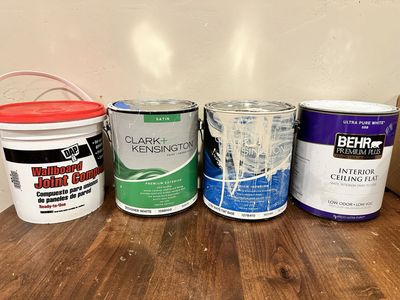 Satin and Flat white, Tan interior house Paint plus wallboard Joint compound