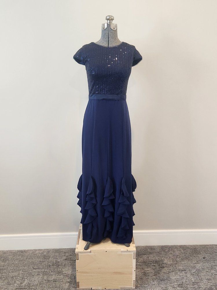Navy Blue Sequin & Ruffle Formal Gown with Built-In Bra - Size Small