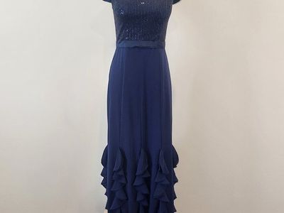 Navy Blue Sequin & Ruffle Formal Gown with Built-In Bra - Size Small