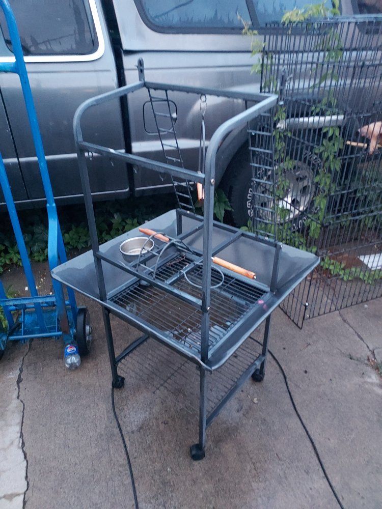 2 Heavy-Duty Metal Bird Stand & Cage with Perches, Bowls, & Wheels - Used