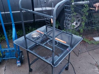 2 Heavy-Duty Metal Bird Stand & Cage with Perches, Bowls, & Wheels - Used