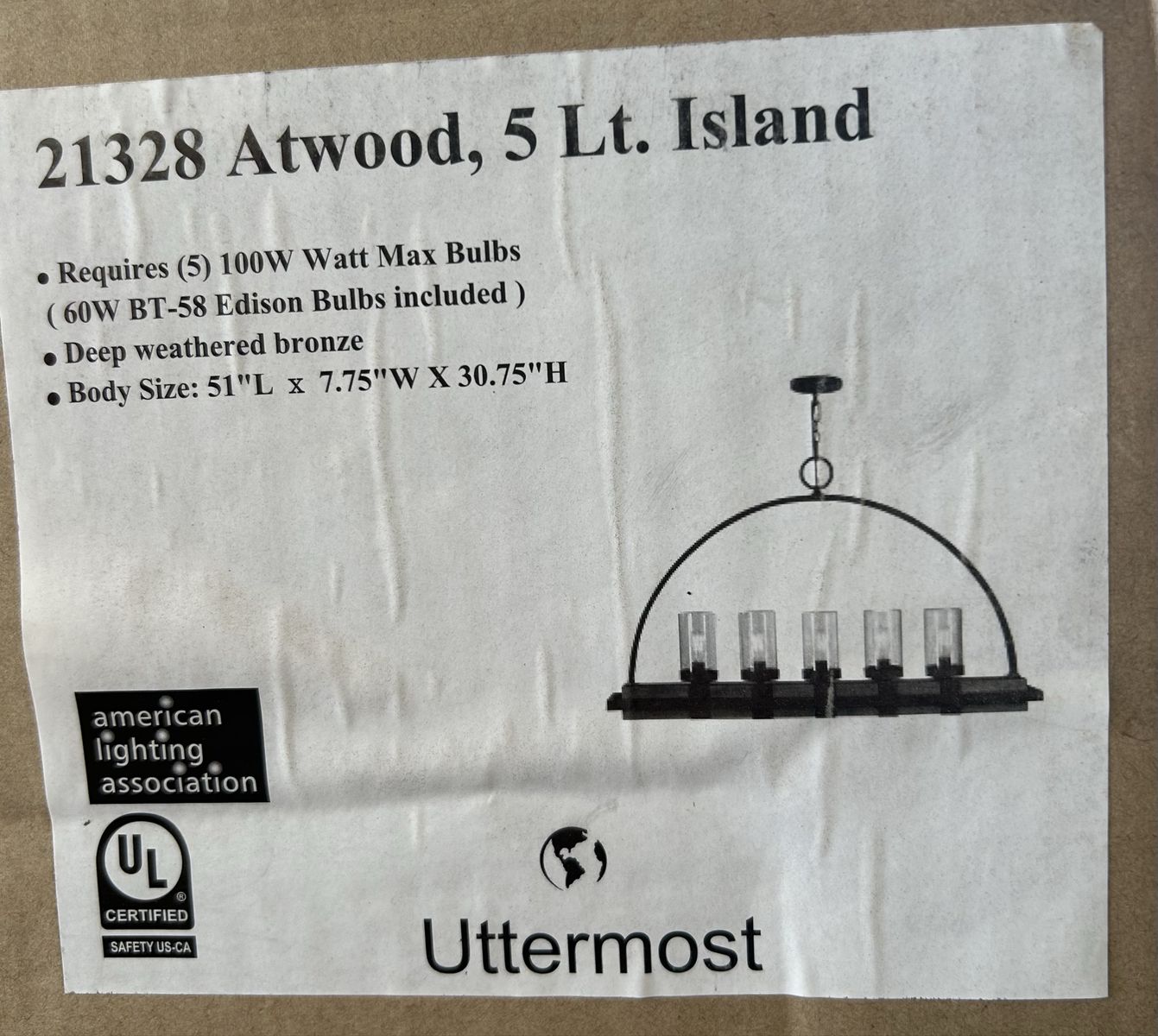 Uttermost 21328 Atwood 5-Light Island Chandelier - Deep Weathered Bronze, 51" L