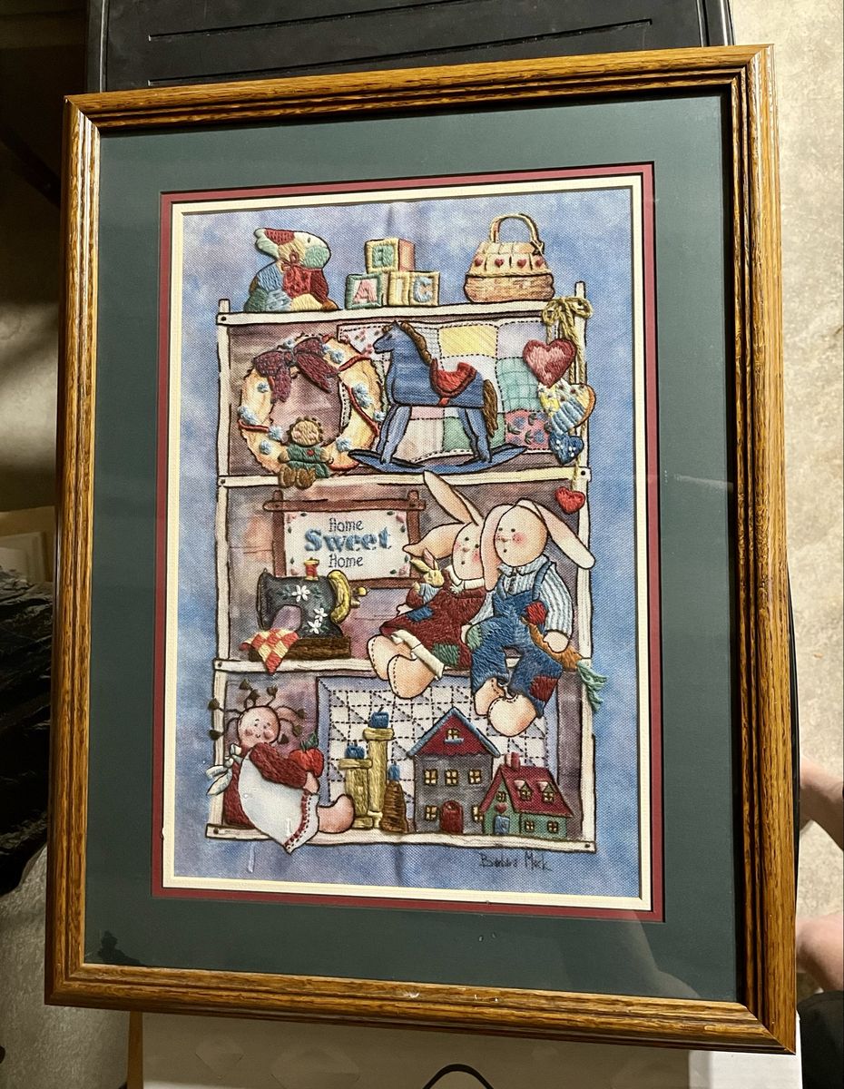 Framed Hand-Embroidered "Home Sweet Home" Folk Art Tapestry