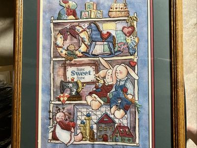 Framed Hand-Embroidered "Home Sweet Home" Folk Art Tapestry