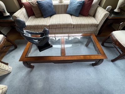 Asian Inspired Dark Wood Coffee table with beveled Glass Top $150 cash/venmo in Draper