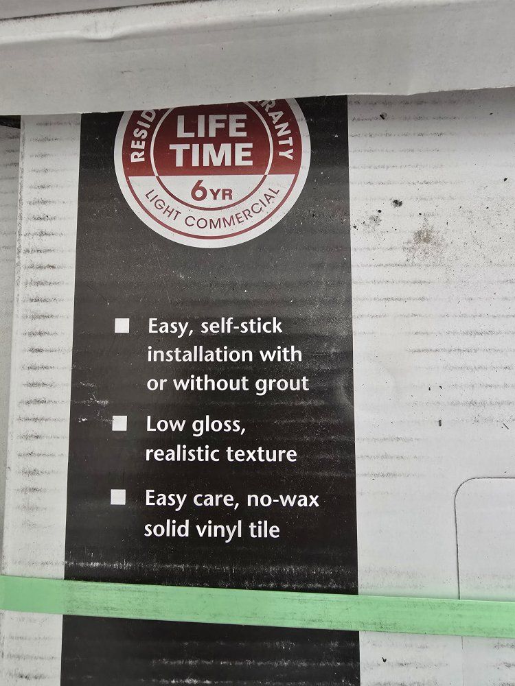 Self-stick Vinyl Tile Flooring - Low Gloss Marble Texture, Easy Care, New in Box 6 yr commercial and Lifetime residential