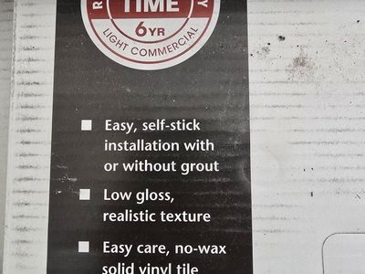 Self-stick Vinyl Tile Flooring - Low Gloss Marble Texture, Easy Care, New in Box 6 yr commercial and Lifetime residential