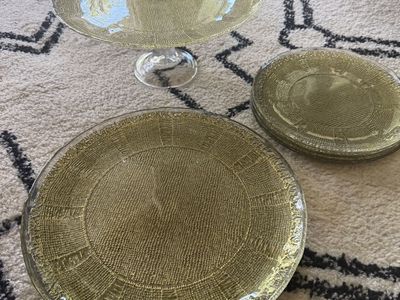 Anthropologie Clear Glass Gold leaf like Cake Stand -4 large and 4 small matching plates. Decorative Serving Set