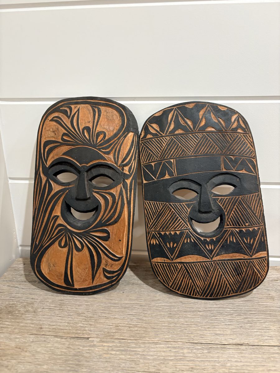 Pair of Hand-Carved African Wooden Masks - Tribal Wall Decor Art