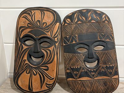 Pair of Hand-Carved African Wooden Masks - Tribal Wall Decor Art