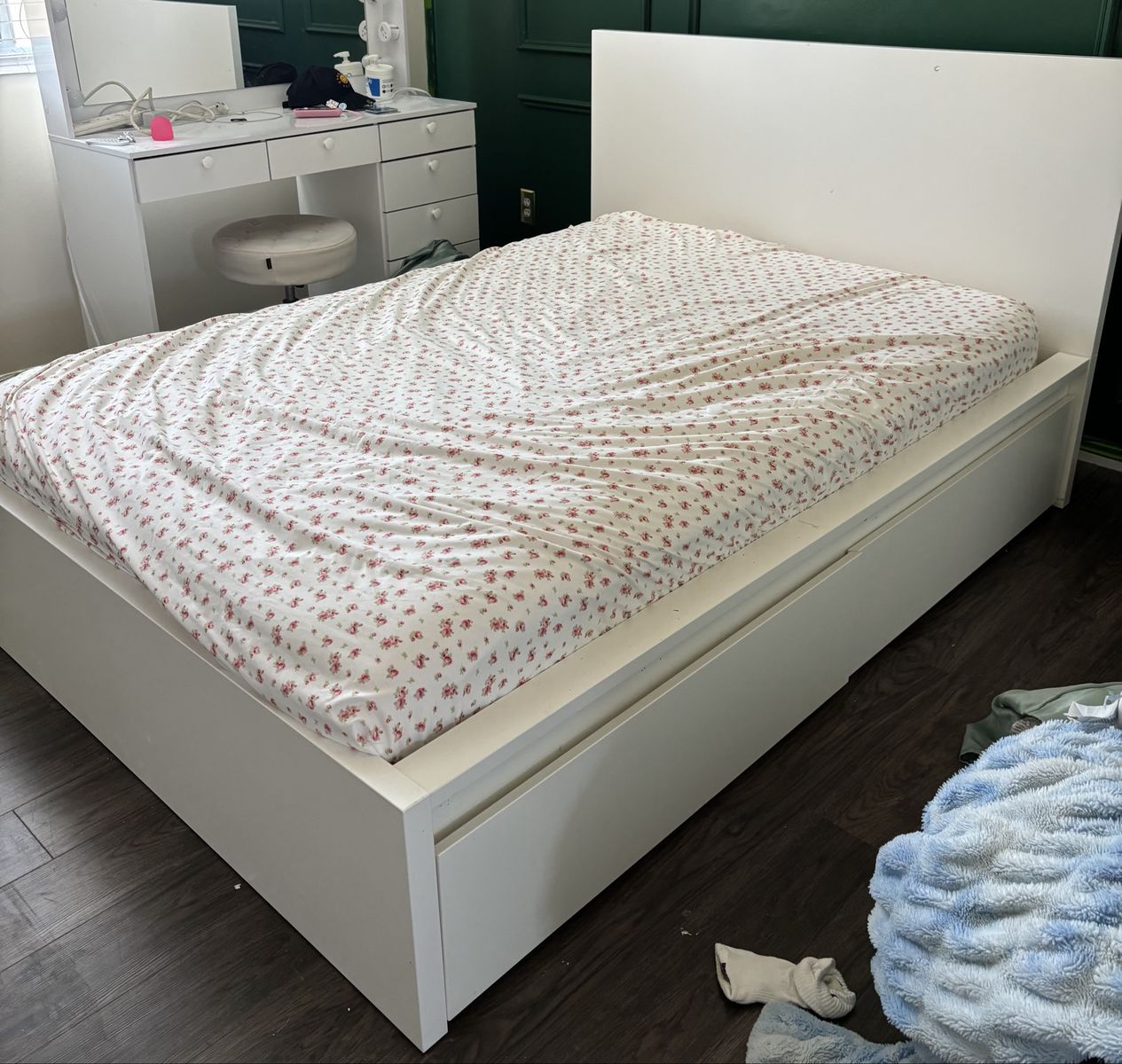 White Platform Bed Frame with Headboard and Under-Bed Storage Drawers
