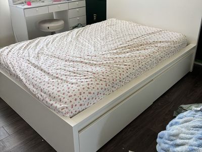 White Platform Bed Frame with Headboard and Under-Bed Storage Drawers