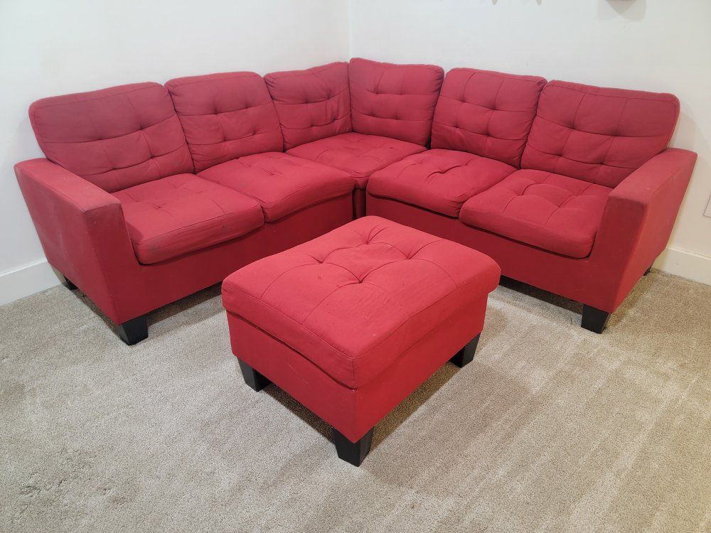 Free Red 3 piece Sectional couch and ottoman