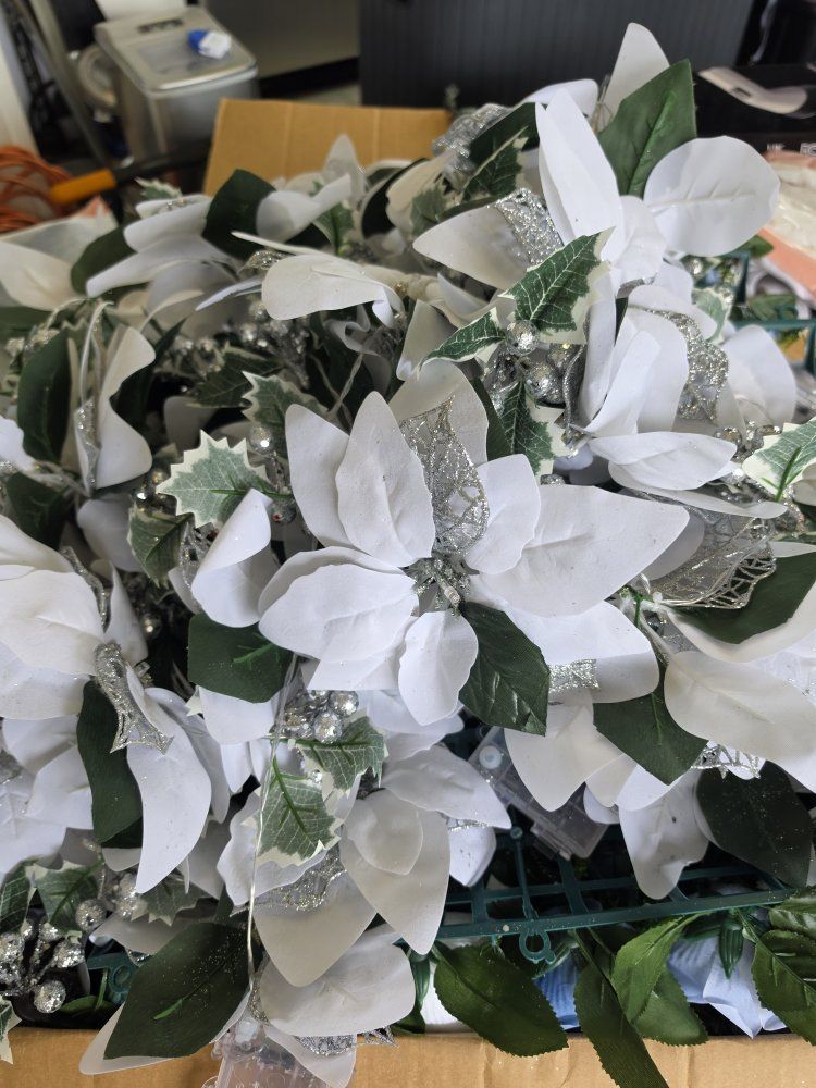 6’ Flocked Poinsettia and Berry Garland with White LED Lights