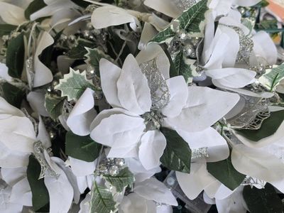 6’ Flocked Poinsettia and Berry Garland with White LED Lights