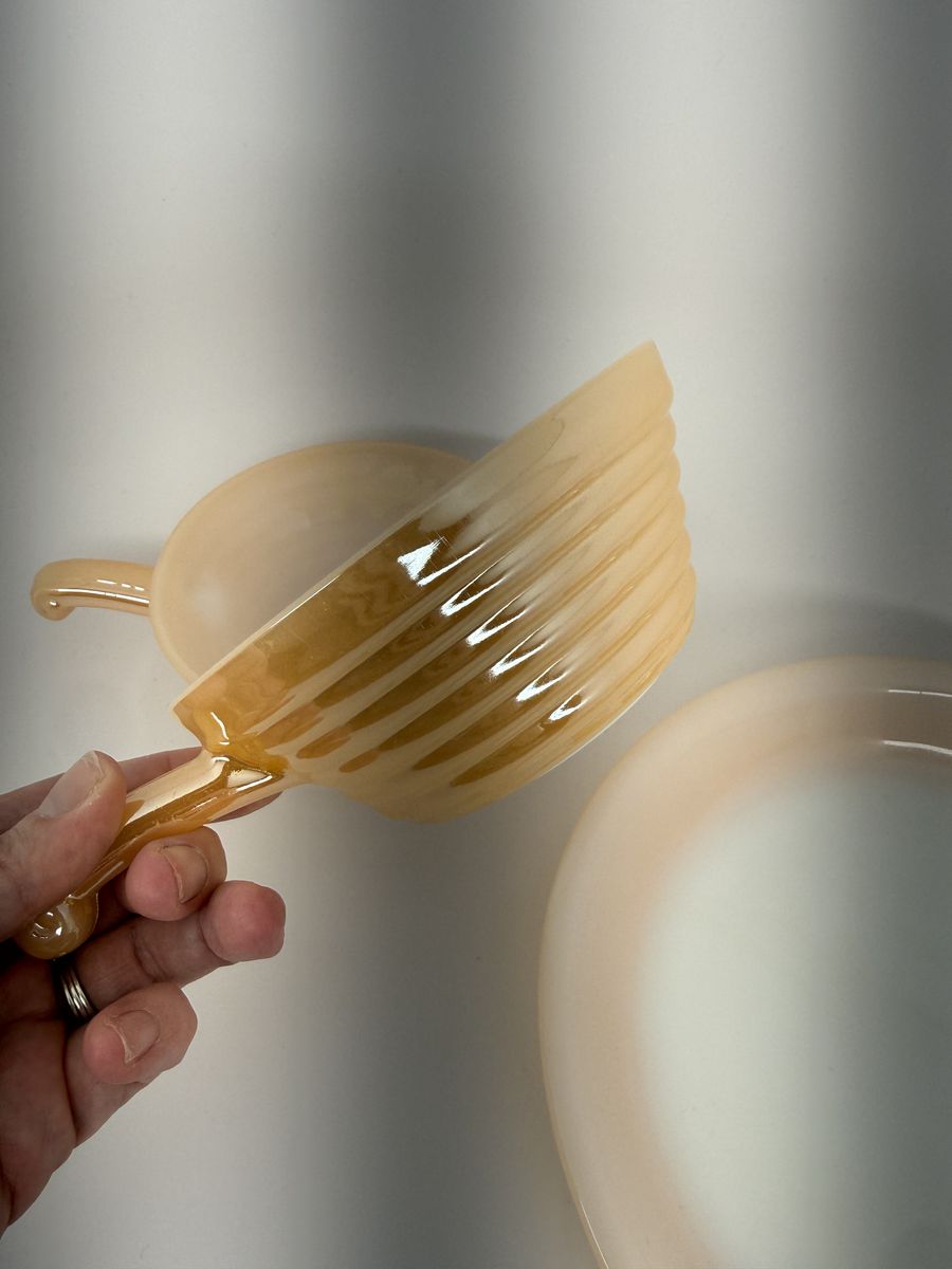 Vintage Fire King Peach Lustre Bowls And Pie Set