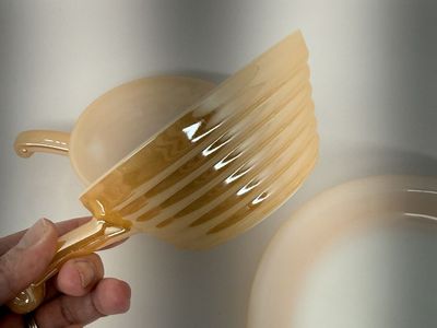 Vintage Fire King Peach Lustre Bowls And Pie Set