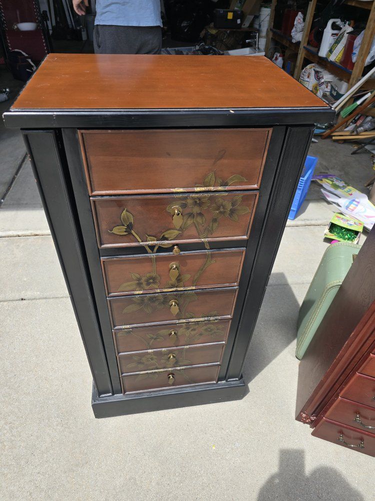 Vintage-Style Wooden Jewelry Armoire Chest - Drawers, Side Cabinets & Mirror, Floral Motif