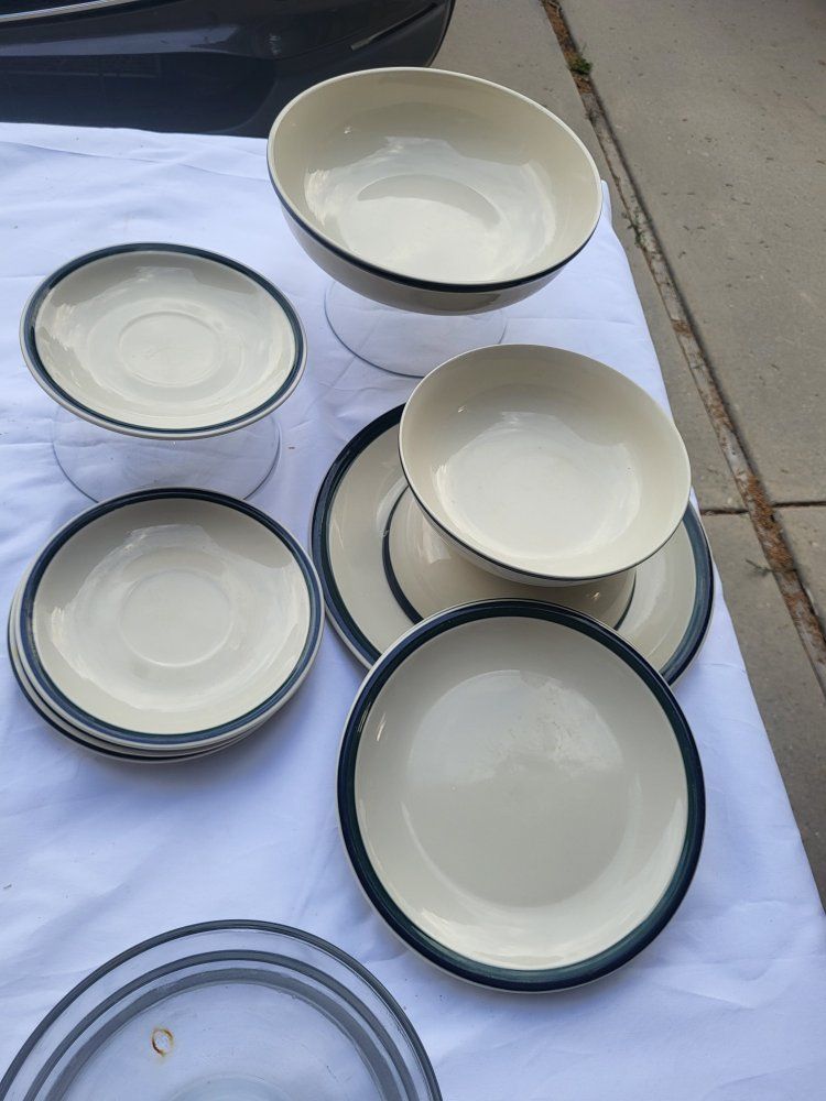 Vintage Off-White Stoneware Dinnerware Set with Navy Blue Trim Rim - Plates & Bowls