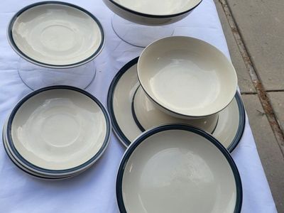Vintage Off-White Stoneware Dinnerware Set with Navy Blue Trim Rim - Plates & Bowls