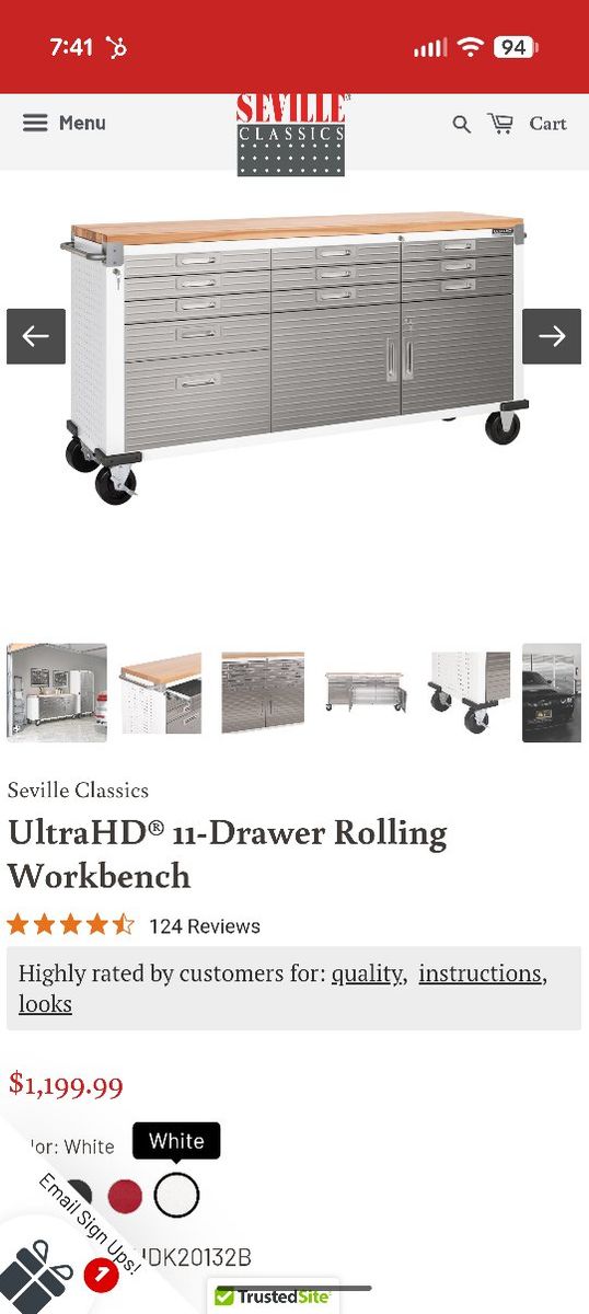 Seville Classics UltraHD 11-Drawer Rolling Workbench w/ Solid Wood Top & Storage Cabinets, White