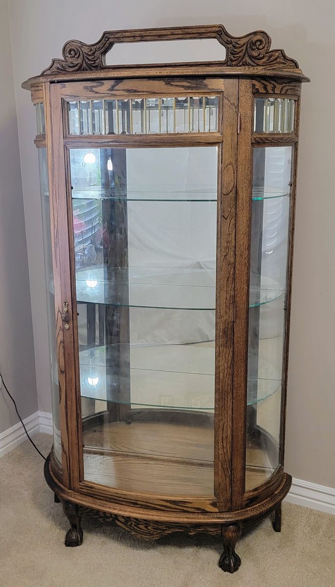 Vintage Oak Curved Glass Curio Cabinet