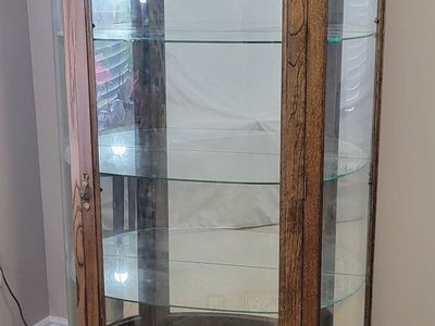 Vintage Oak Curved Glass Curio Cabinet