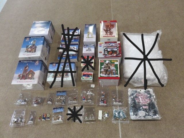 LARGE VINTAGE COLLECTION OF CHRISTMAS VILLAGE BUILDINGS, SETS, TREES AND FIGURES FROM CAROLE TOWN AND LEMAX