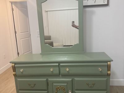 Sage Green Dresser with Mirror, Gold Accents, 6 Drawers & Cabinet