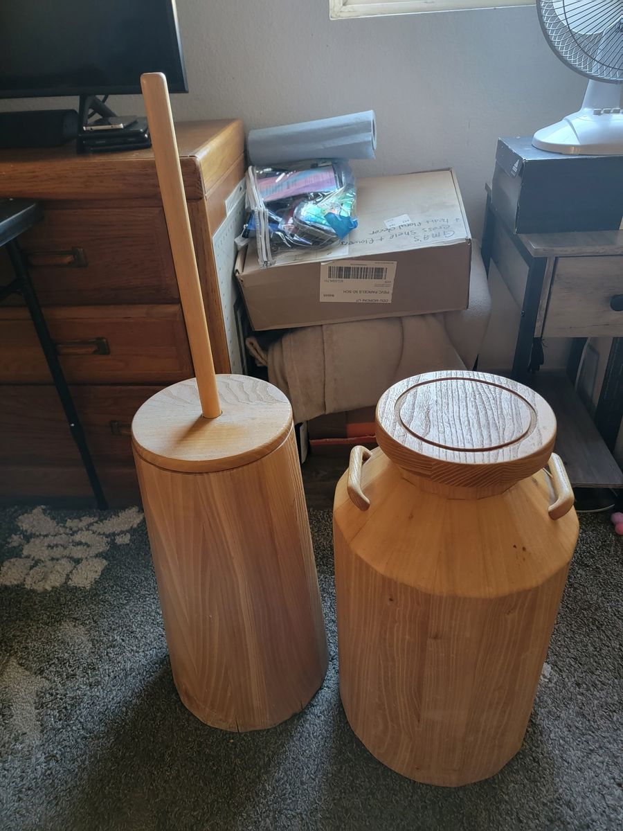Hand made wooden butter churn and milk can