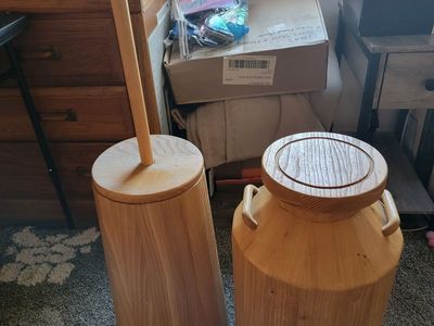 Hand made wooden butter churn and milk can