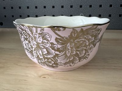 Vintage Pink Ceramic Scalloped Bowl with Gold Floral Pattern and Bird Detail