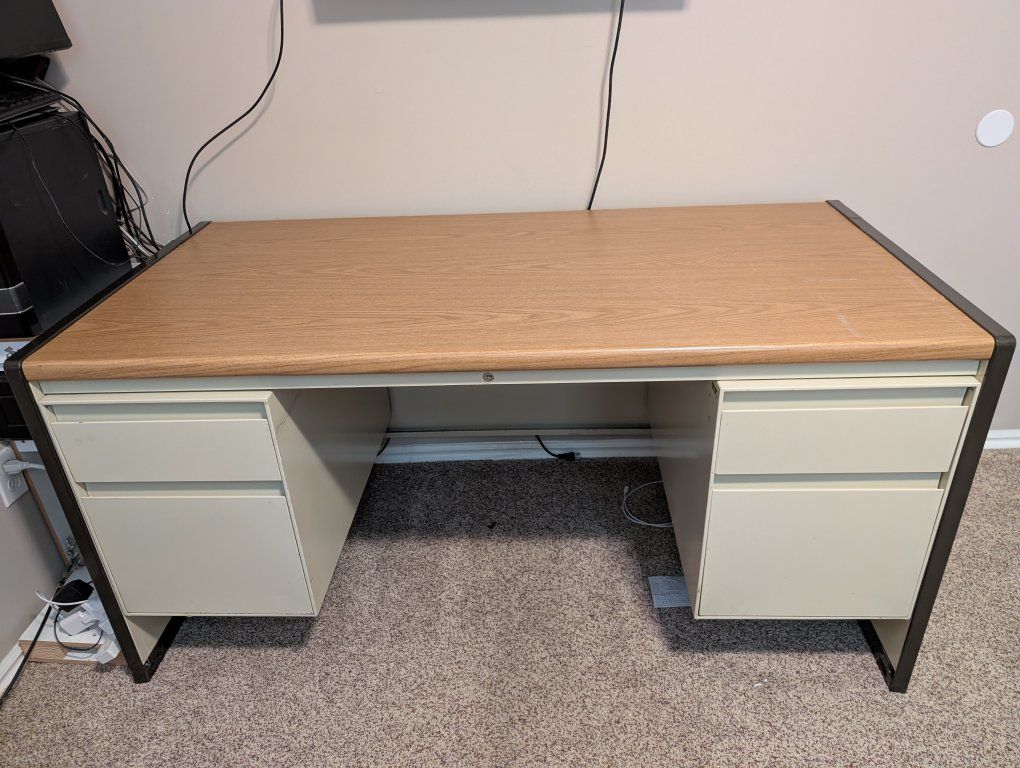 Sturdy Office Desk with Dual Pedestal Drawers and Wood Grain Top OBO