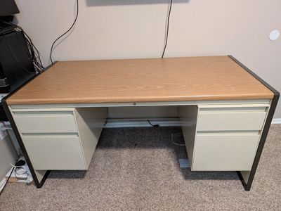Sturdy Office Desk with Dual Pedestal Drawers and Wood Grain Top OBO
