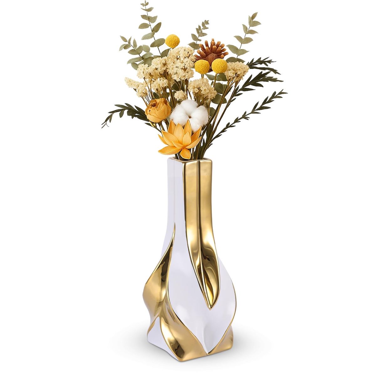 10.6" White and Gold Ceramic Vase, Modern Geometric Flower Vase for Dining Table Centerpiece, Elegant Decorative Vase for Pampas