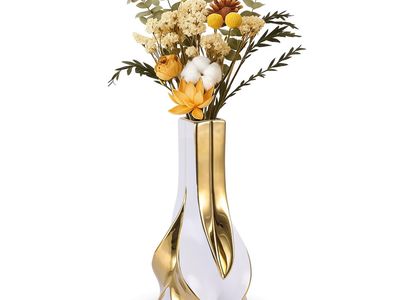 10.6" White and Gold Ceramic Vase, Modern Geometric Flower Vase for Dining Table Centerpiece, Elegant Decorative Vase for Pampas