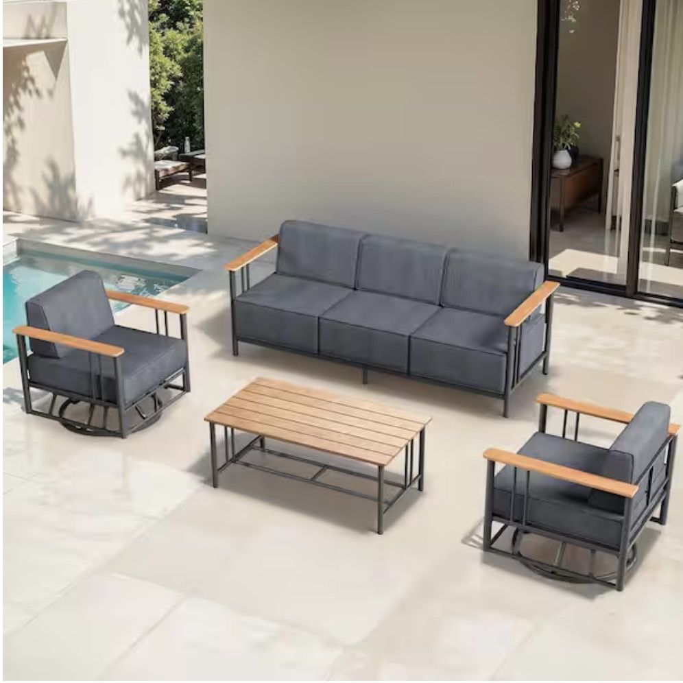 BINGDWEN 4-Piece Black Metal Patio Conversation Seating Set, Outdoor Sofa Set with Swivel Chair and Gray Olefin Cushions