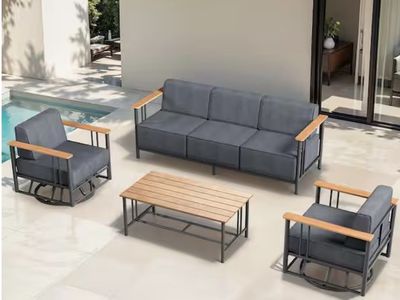 BINGDWEN 4-Piece Black Metal Patio Conversation Seating Set, Outdoor Sofa Set with Swivel Chair and Gray Olefin Cushions