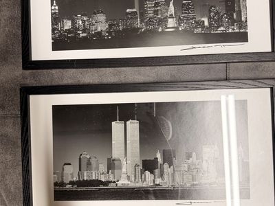 Set of 2 Framed Black and White New York City Skyline Prints Twin Towers 21 Inch