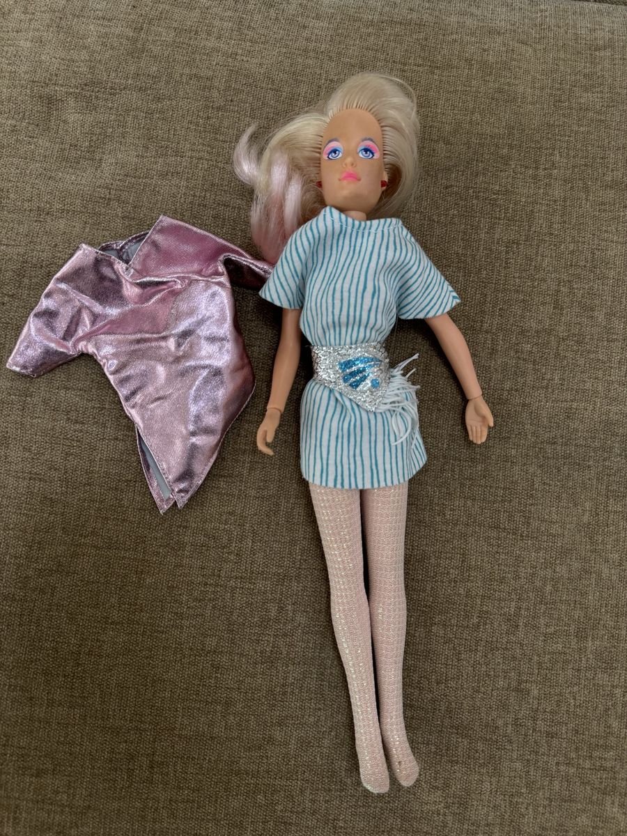 Vintage 1980s Jem  Barbie Doll Blonde Hair Blue Eyes with Original Outfit and Pink Jacket