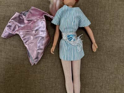 Vintage 1980s Jem Barbie Doll Blonde Hair Blue Eyes with Original Outfit and Pink Jacket