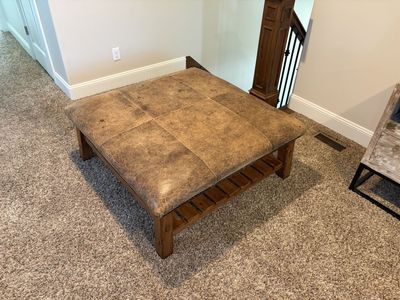 Large 43" Square Leather-Look Ottoman Coffee Table with Shelf