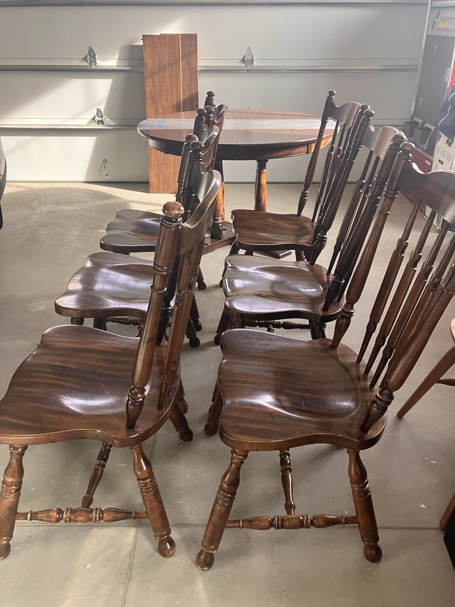 Solid Wood Dining Table, Chairs & Leaves