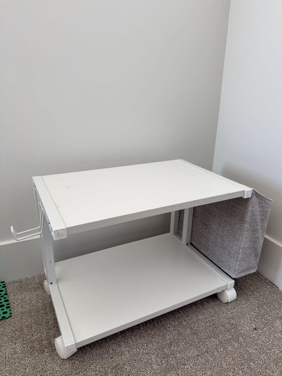 Printer cart: White Rolling Utility Cart with 2 Shelves and Side Storage Basket