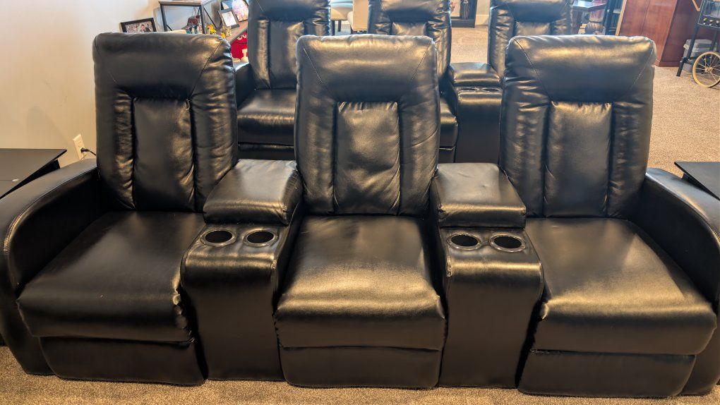 Flash Furniture Eclipse Series 3-Seat Black Reclining Leather Home Theater Seating with Cupholders. 2 units for sale. $250 each