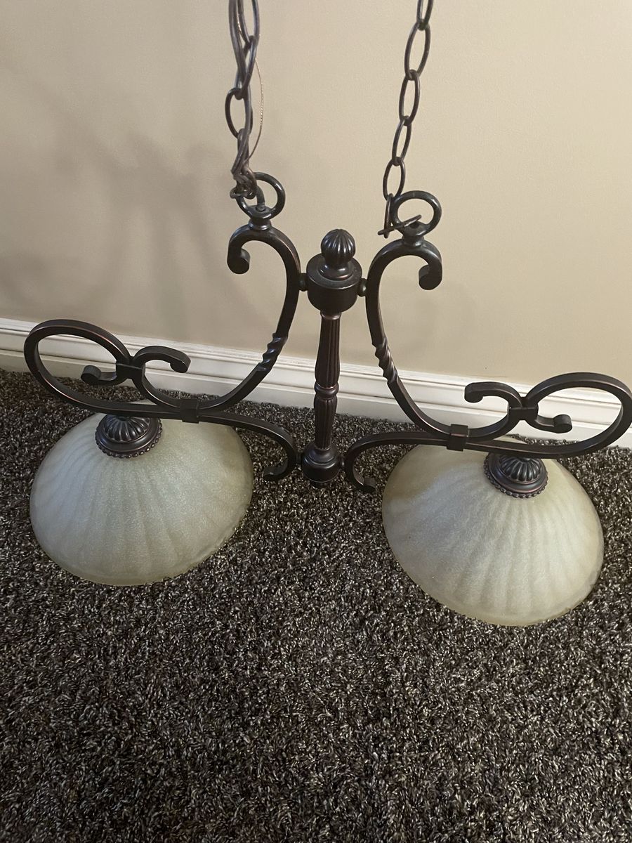 Bronze Scroll 2-Light Chandelier with Frosted Glass Shades - Hanging Ceiling Light Fixture