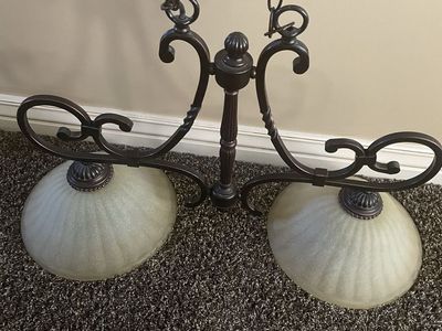 Bronze Scroll 2-Light Chandelier with Frosted Glass Shades - Hanging Ceiling Light Fixture