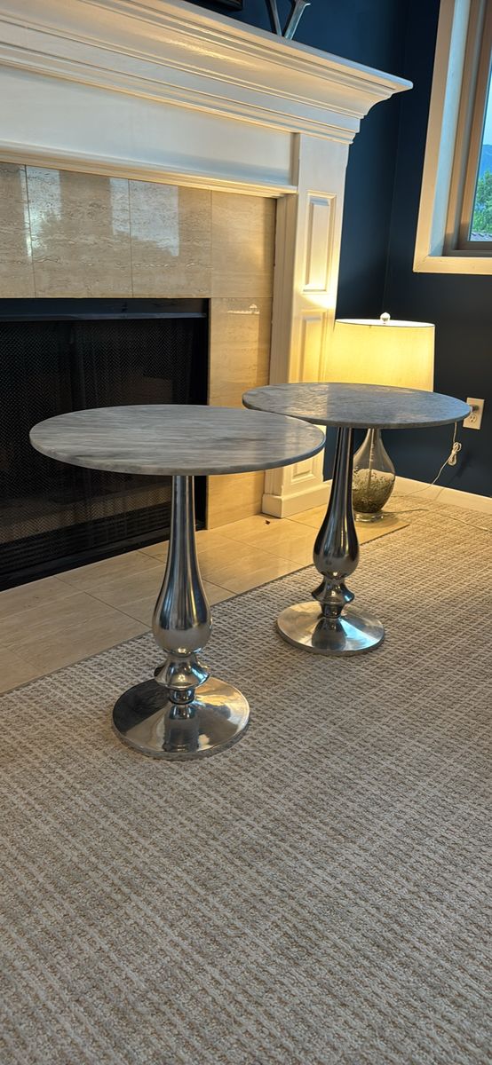 Set of 2 Marble Top Accent Tables, Pedestal Design, Silver Finish - Stylish & Versatile Side Tables