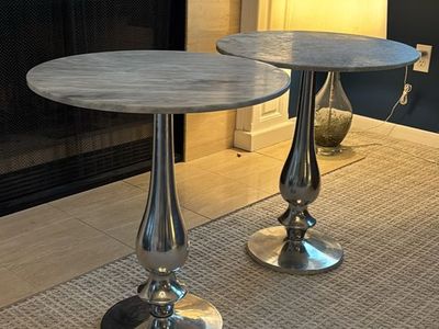 Set of 2 Marble Top Accent Tables, Pedestal Design, Silver Finish - Stylish & Versatile Side Tables